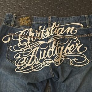 VNTG Christian Audigier Blue button fly Jean 44 x 34 Embroidered Studded Hip Hop